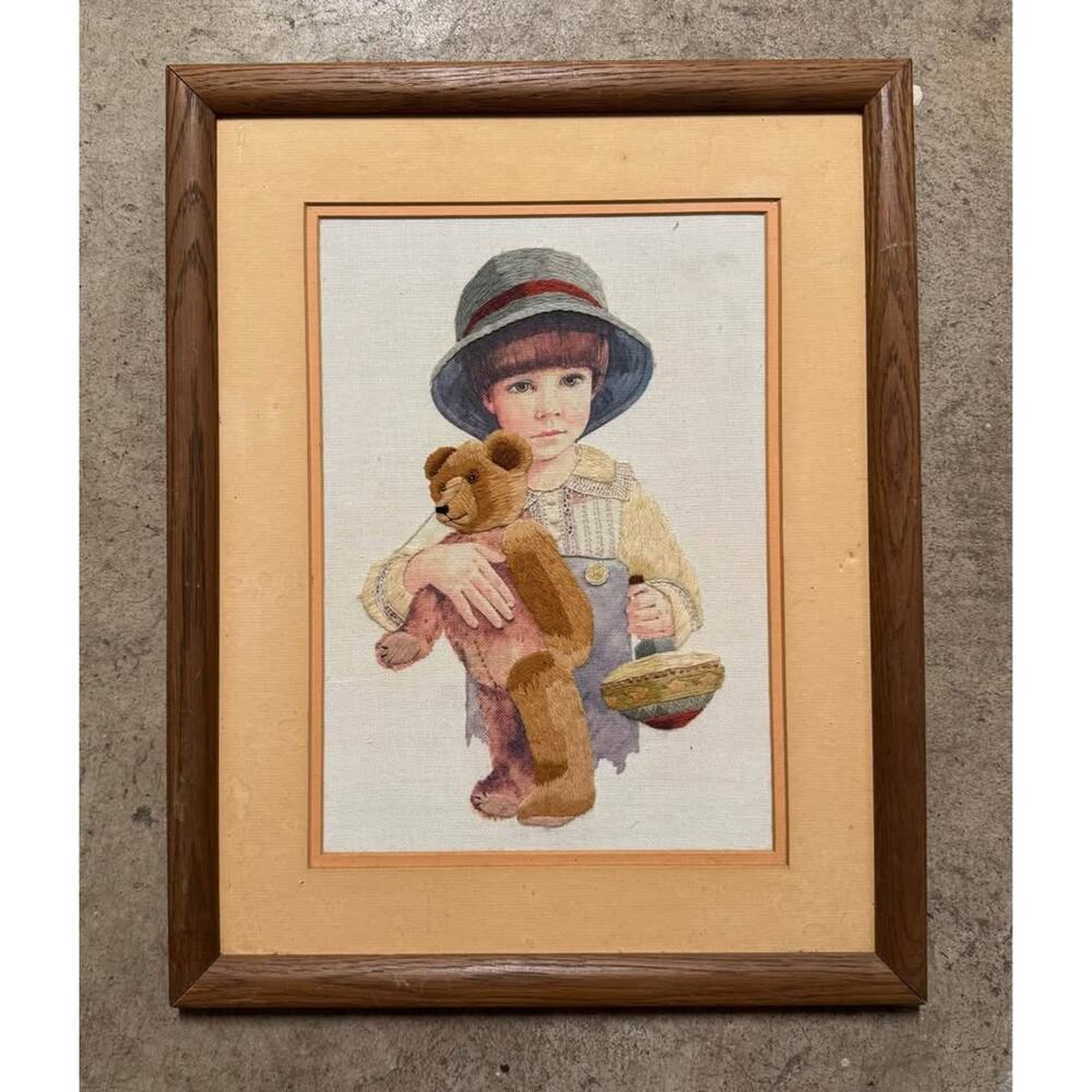 Vintage Jan Hagara Needlepoint – Boy with Teddy Bear – Framed Stitch 20” x 16”